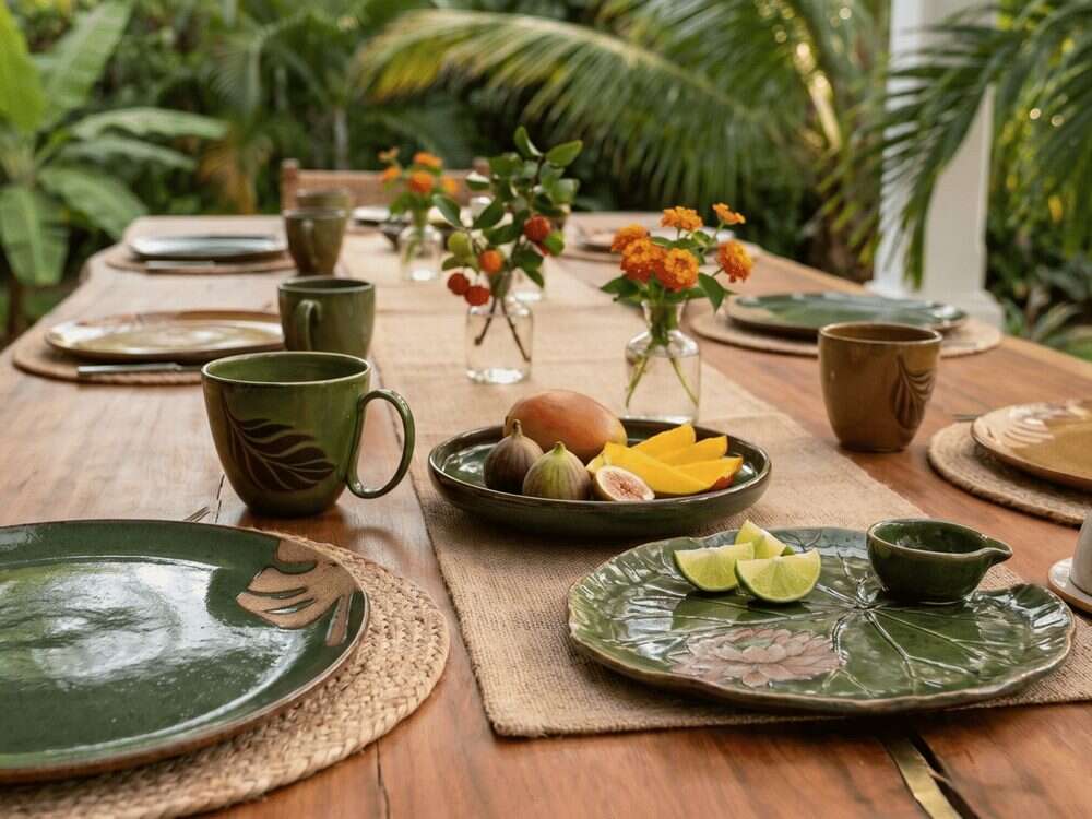 Mesa de almoço posta ao ar livre com pratos e canecas de cerâmica verde feitos à mão