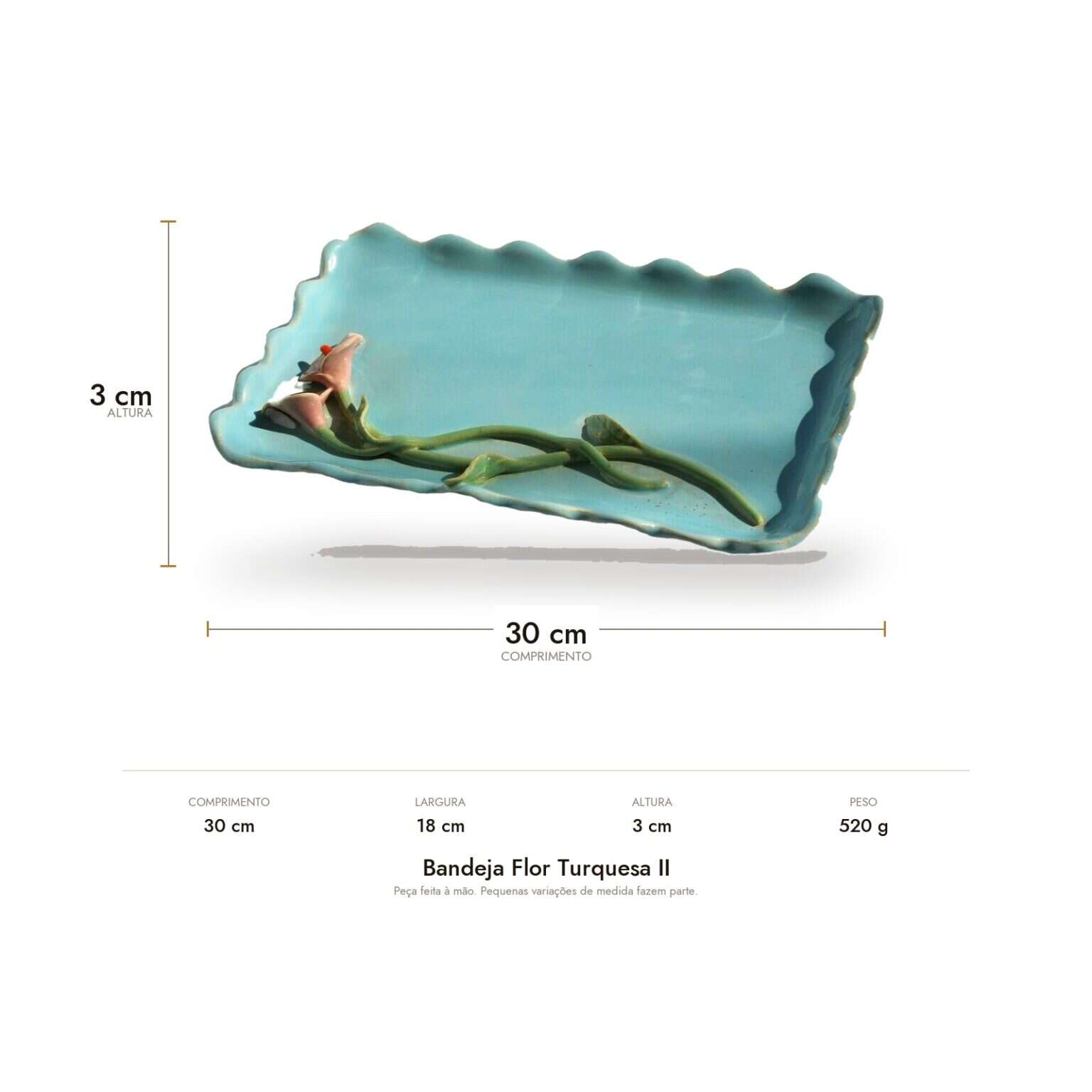 Medidas da Bandeja Flor Turquesa II: 30 x 18 cm, 3 cm de altura e 520 g