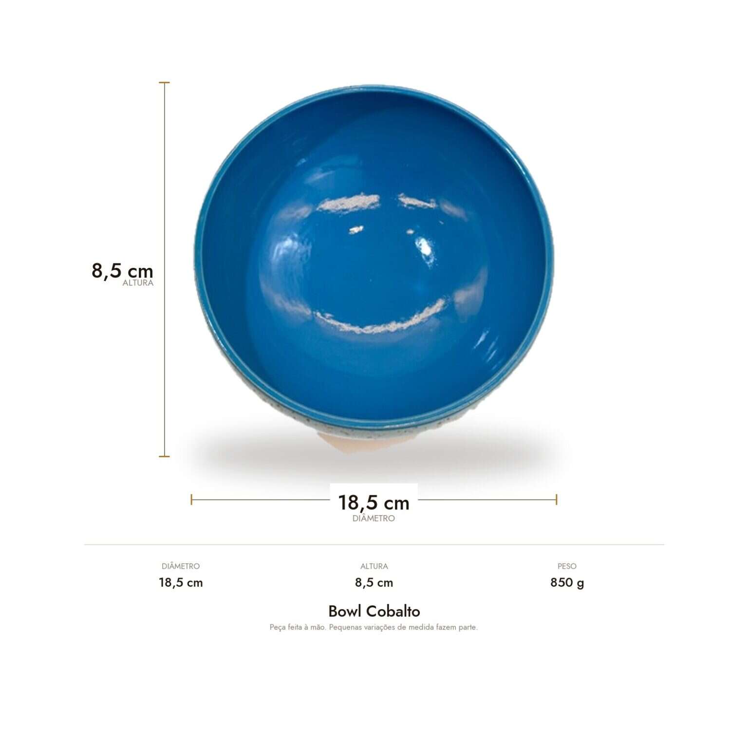 Medidas do Bowl Cobalto: 18,5 cm de diâmetro, 8,5 cm de altura e 850 g