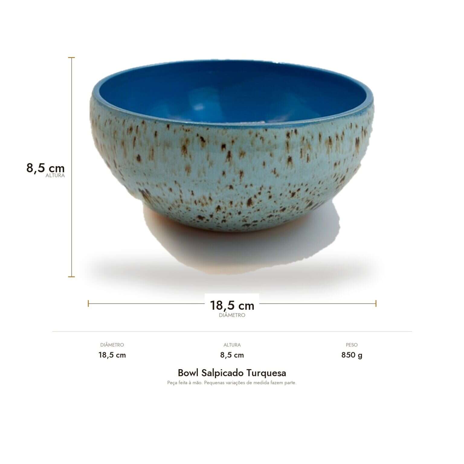 Medidas do Bowl Salpicado Turquesa: 18,5 cm de diâmetro, 8,5 cm de altura e 850 g