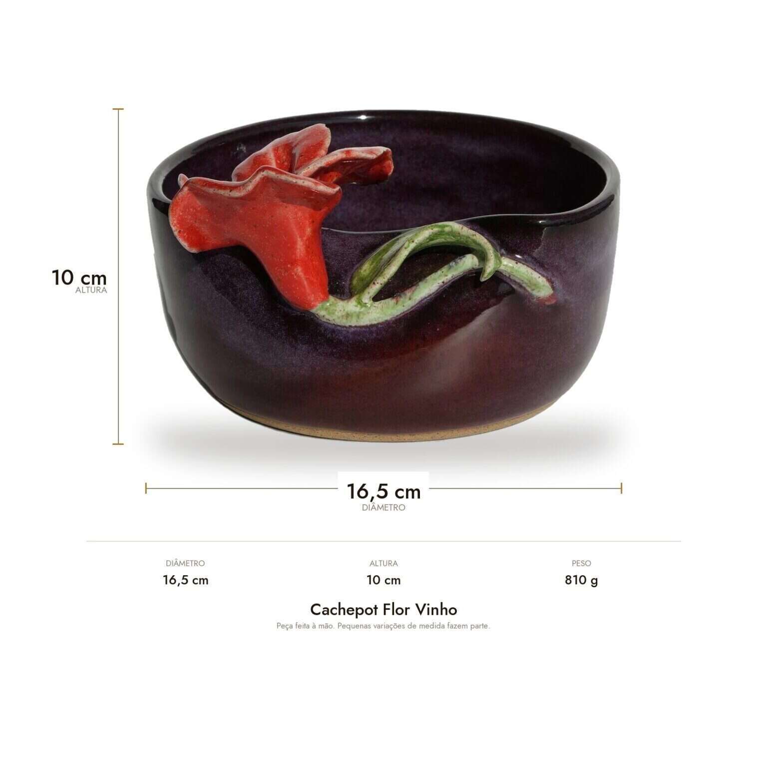 Medidas do Cachepot Flor Vinho: 16,5 cm de diâmetro, 10 cm de altura e 810 g