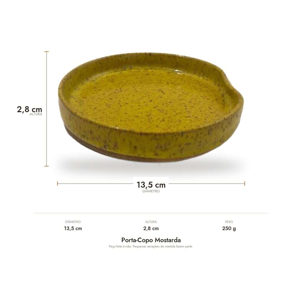 Medidas do Porta-Copo Mostarda: 13,5 cm de diâmetro, 2,8 cm de altura e 250 g