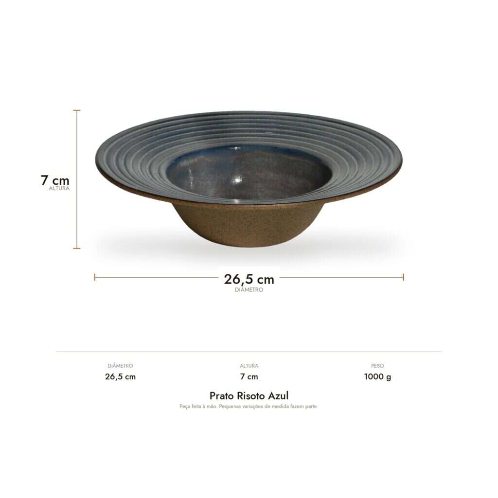 Medidas do Prato Risoto Azul: 26,5 cm de diâmetro, 7 cm de altura e 1000 g