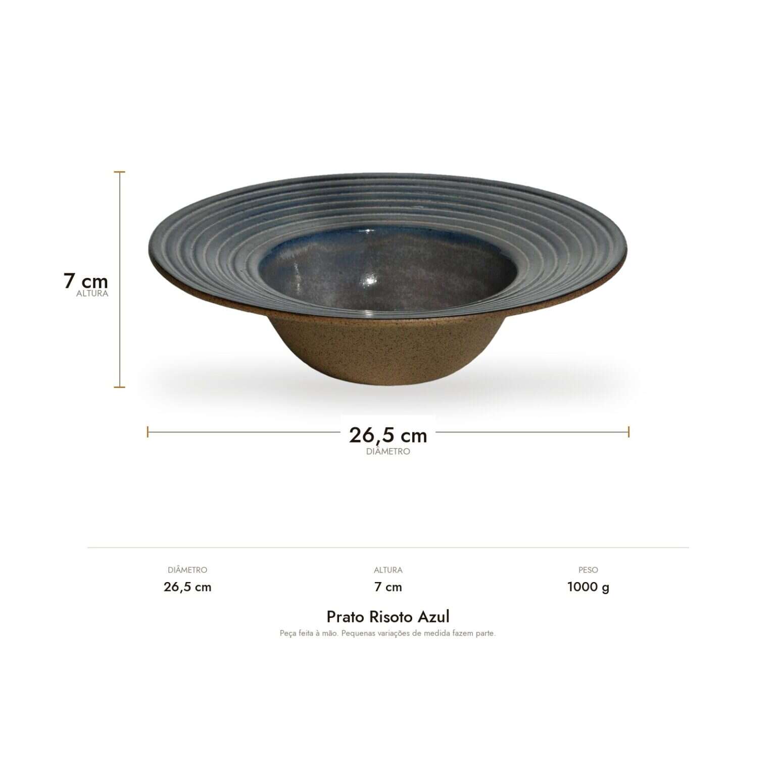 Medidas do Prato Risoto Azul: 26,5 cm de diâmetro, 7 cm de altura e 1000 g