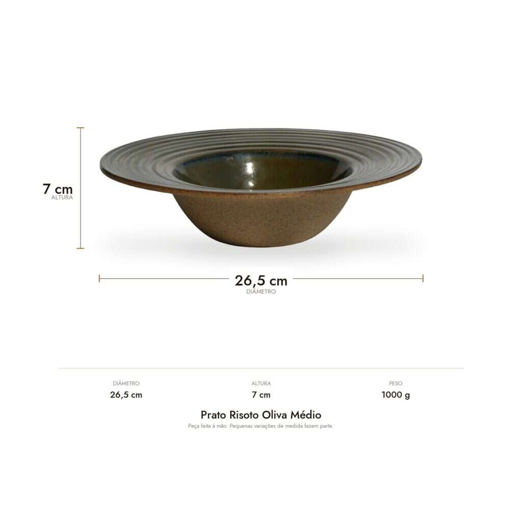 Medidas do Prato Risoto Oliva Médio: 26,5 cm de diâmetro, 7 cm de altura e 1000 g
