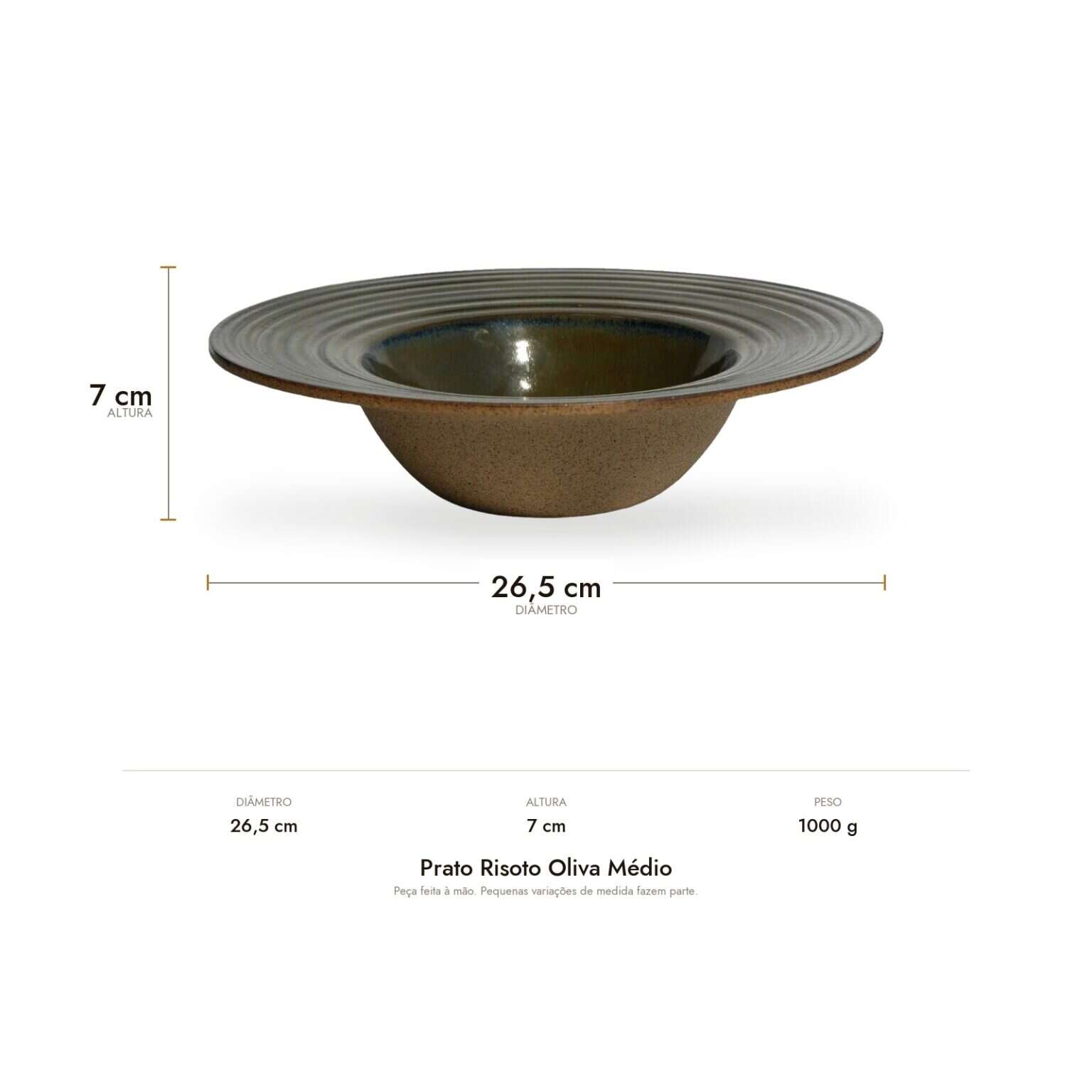 Medidas do Prato Risoto Oliva Médio: 26,5 cm de diâmetro, 7 cm de altura e 1000 g