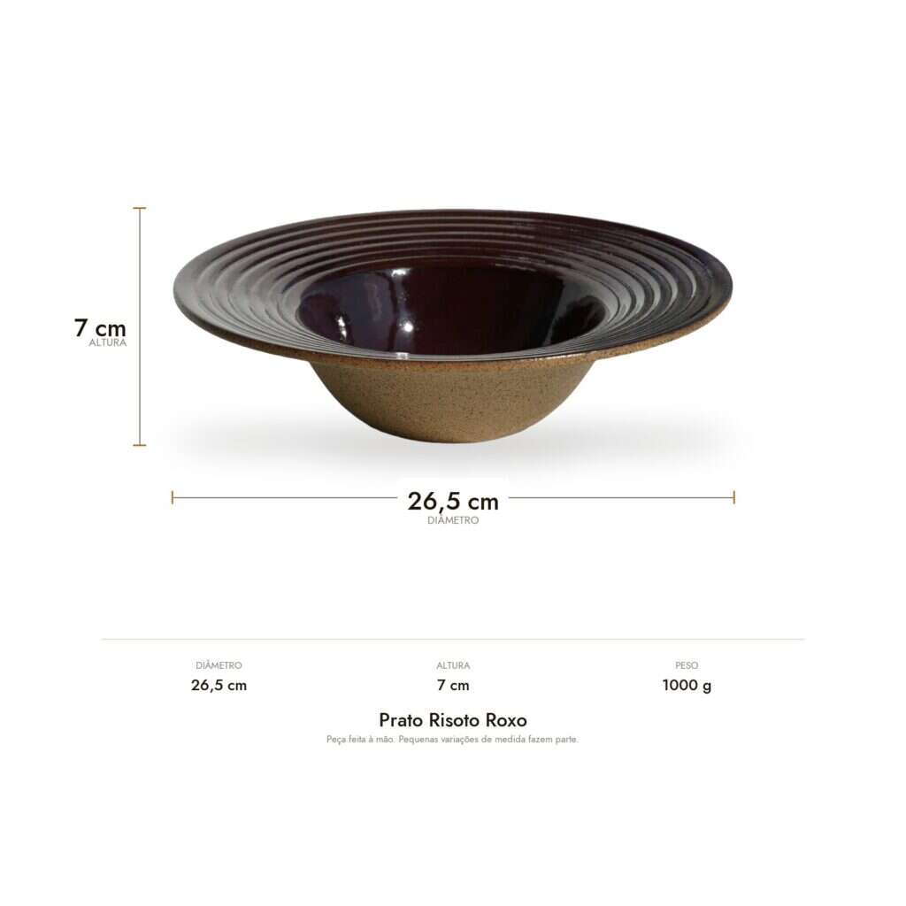 Medidas do Prato Risoto Roxo: 26,5 cm de diâmetro, 7 cm de altura e 1000 g