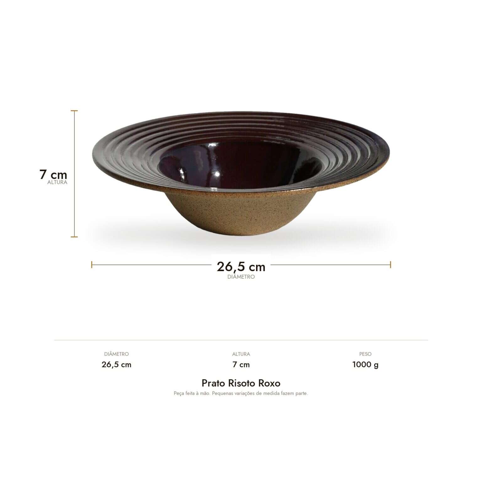 Medidas do Prato Risoto Roxo: 26,5 cm de diâmetro, 7 cm de altura e 1000 g