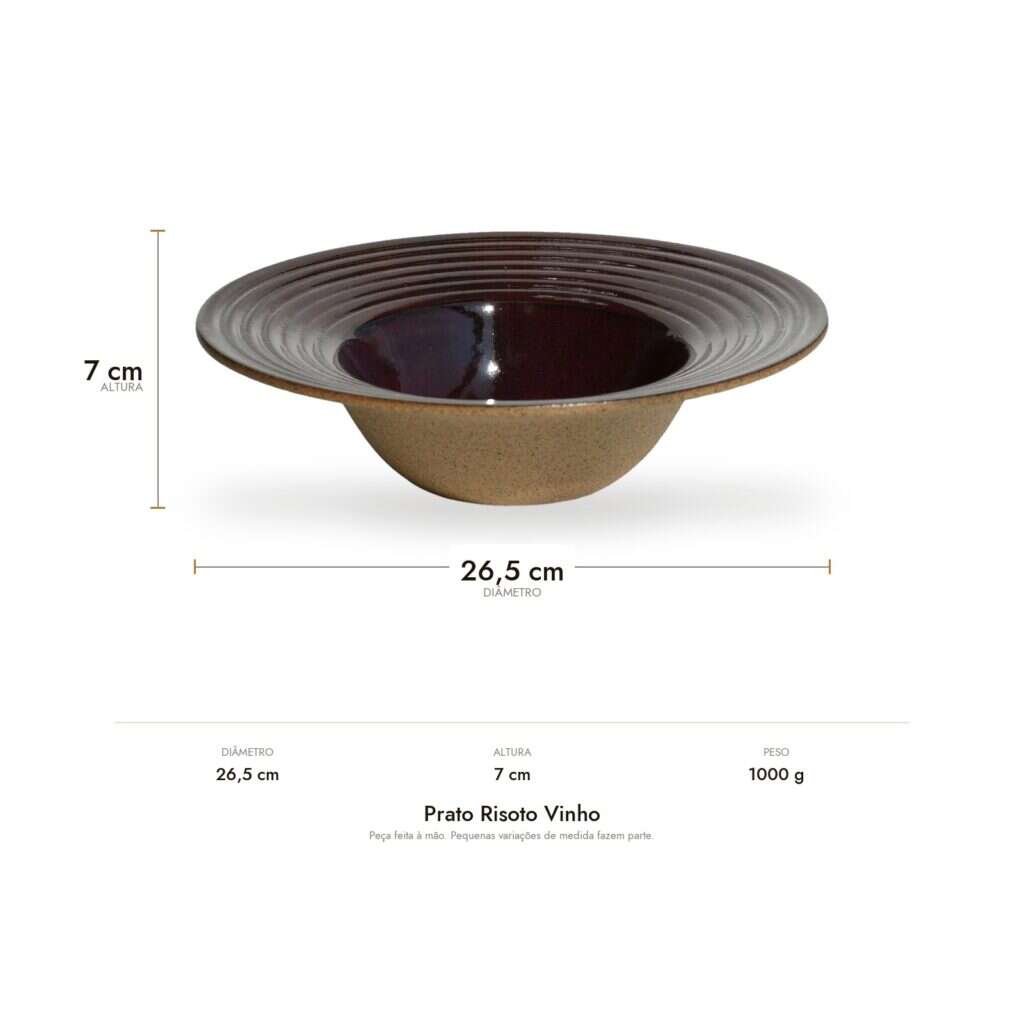 Medidas do Prato Risoto Vinho: 26,5 cm de diâmetro, 7 cm de altura e 1000 g