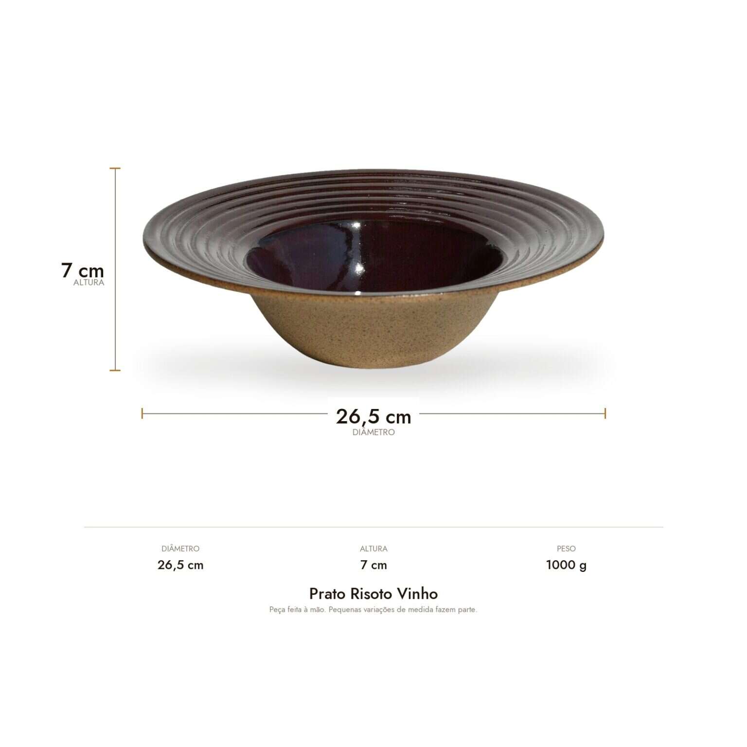 Medidas do Prato Risoto Vinho: 26,5 cm de diâmetro, 7 cm de altura e 1000 g