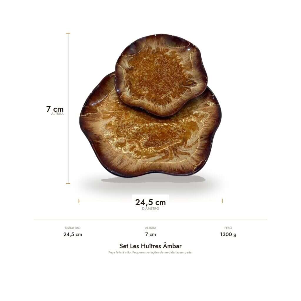 Medidas do Set Les Huîtres Âmbar: 24,5 cm de diâmetro, 7 cm de altura e 1300 g