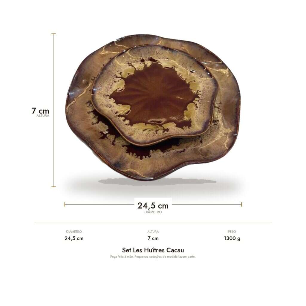 Medidas do Set Les Huîtres Cacau: 24,5 cm de diâmetro, 7 cm de altura e 1300 g