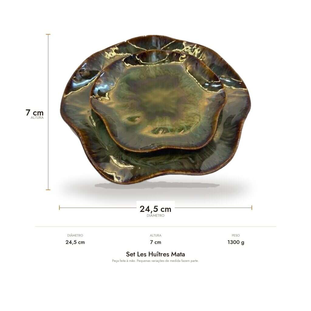 Medidas do Set Les Huîtres Mata: 24,5 cm de diâmetro, 7 cm de altura e 1300 g