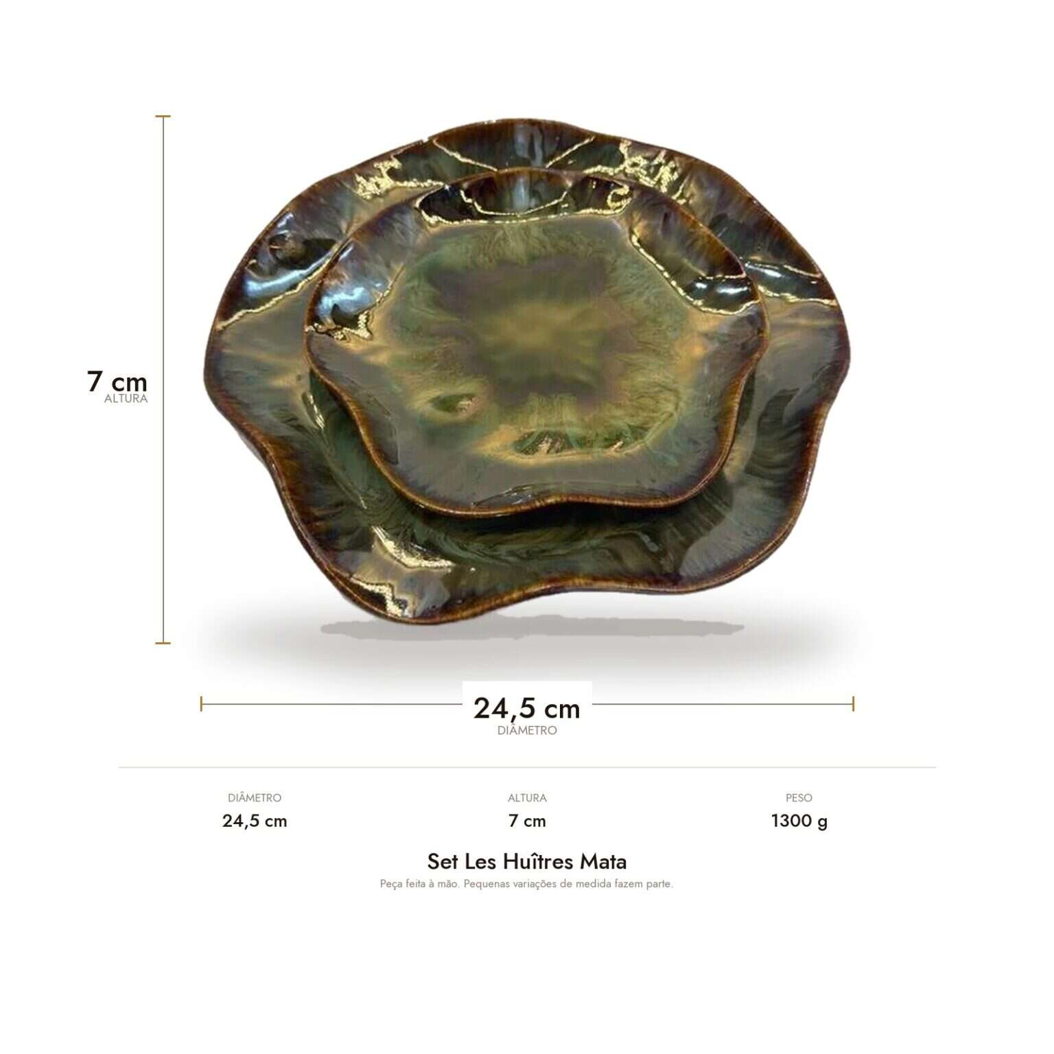 Medidas do Set Les Huîtres Mata: 24,5 cm de diâmetro, 7 cm de altura e 1300 g