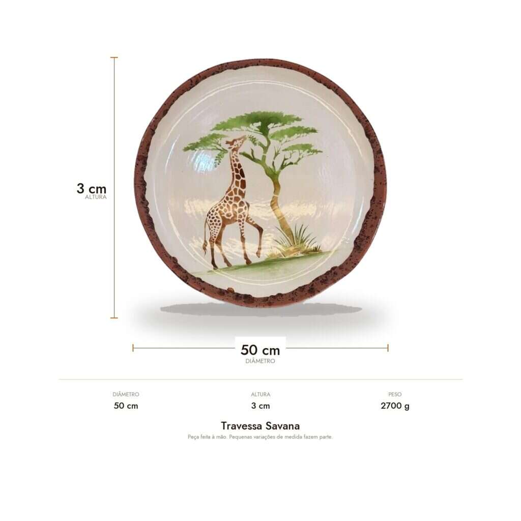 Medidas da Travessa Savana: 50 cm de diâmetro, 3 cm de altura e 2700 g