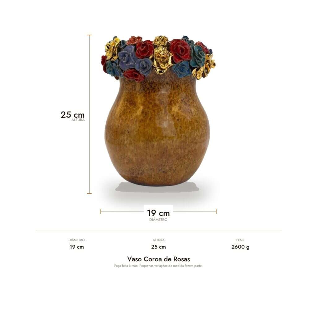 Medidas do Vaso Coroa de Rosas: 19 cm de diâmetro, 25 cm de altura e 2600 g