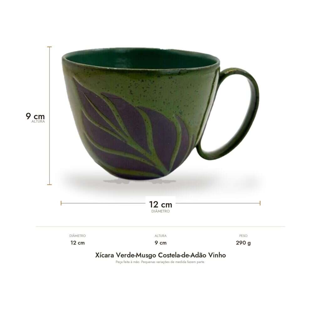 Medidas da Xícara Verde-Musgo Costela-de-Adão Vinho: 12 cm de diâmetro, 9 cm de altura e 290 g